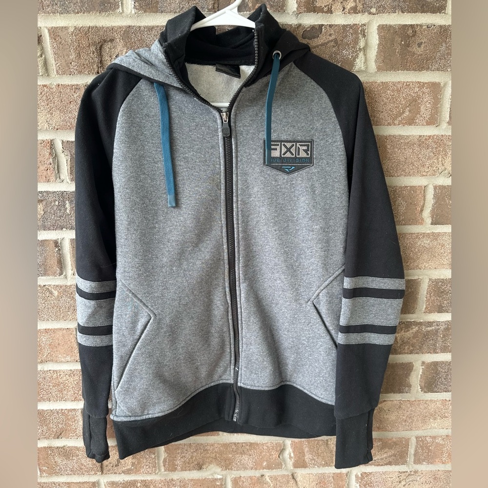 Gray and Black FXR Zip-Up Hoodie with Blue Accents